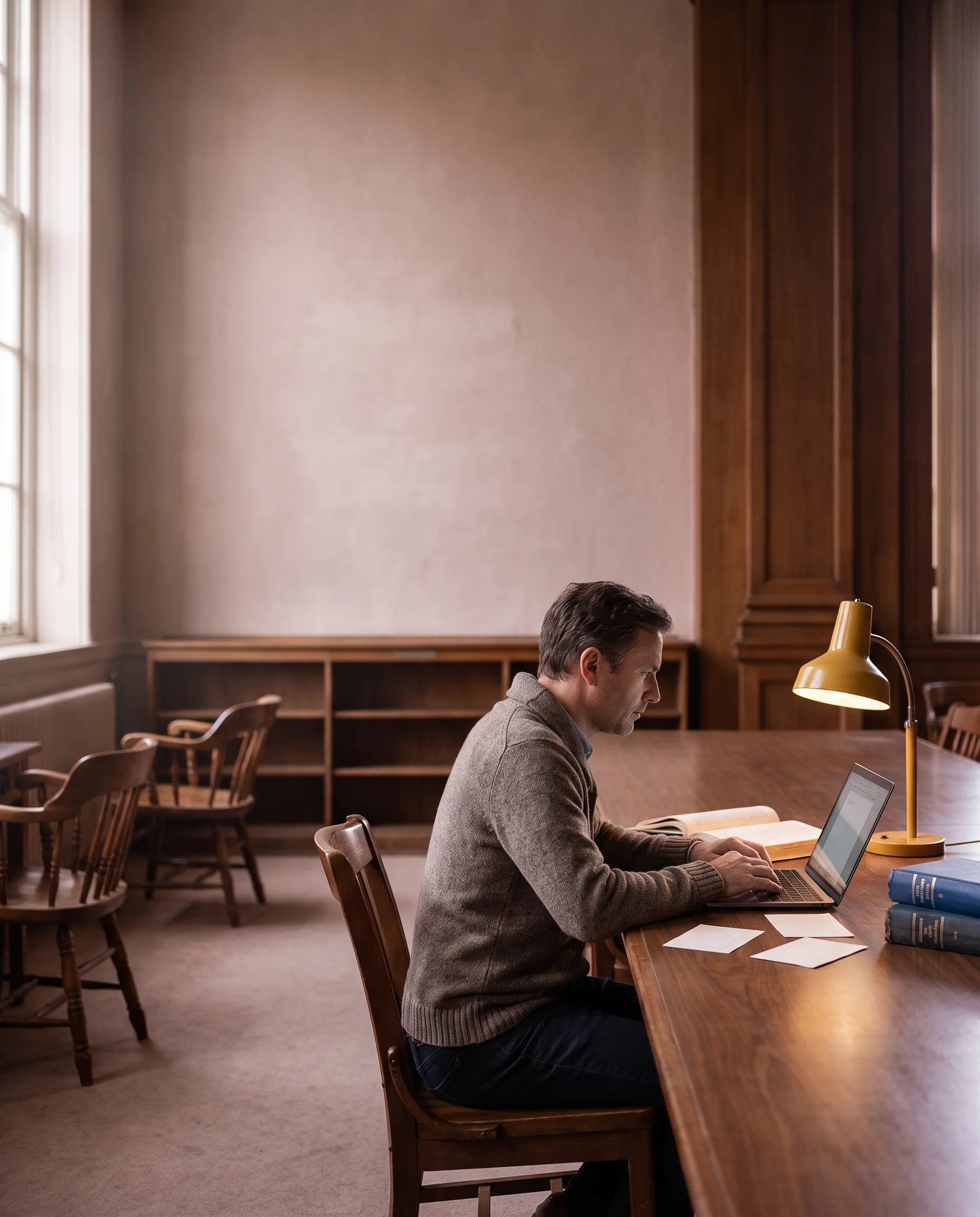 A learner reading at a wooden desk in a quiet library