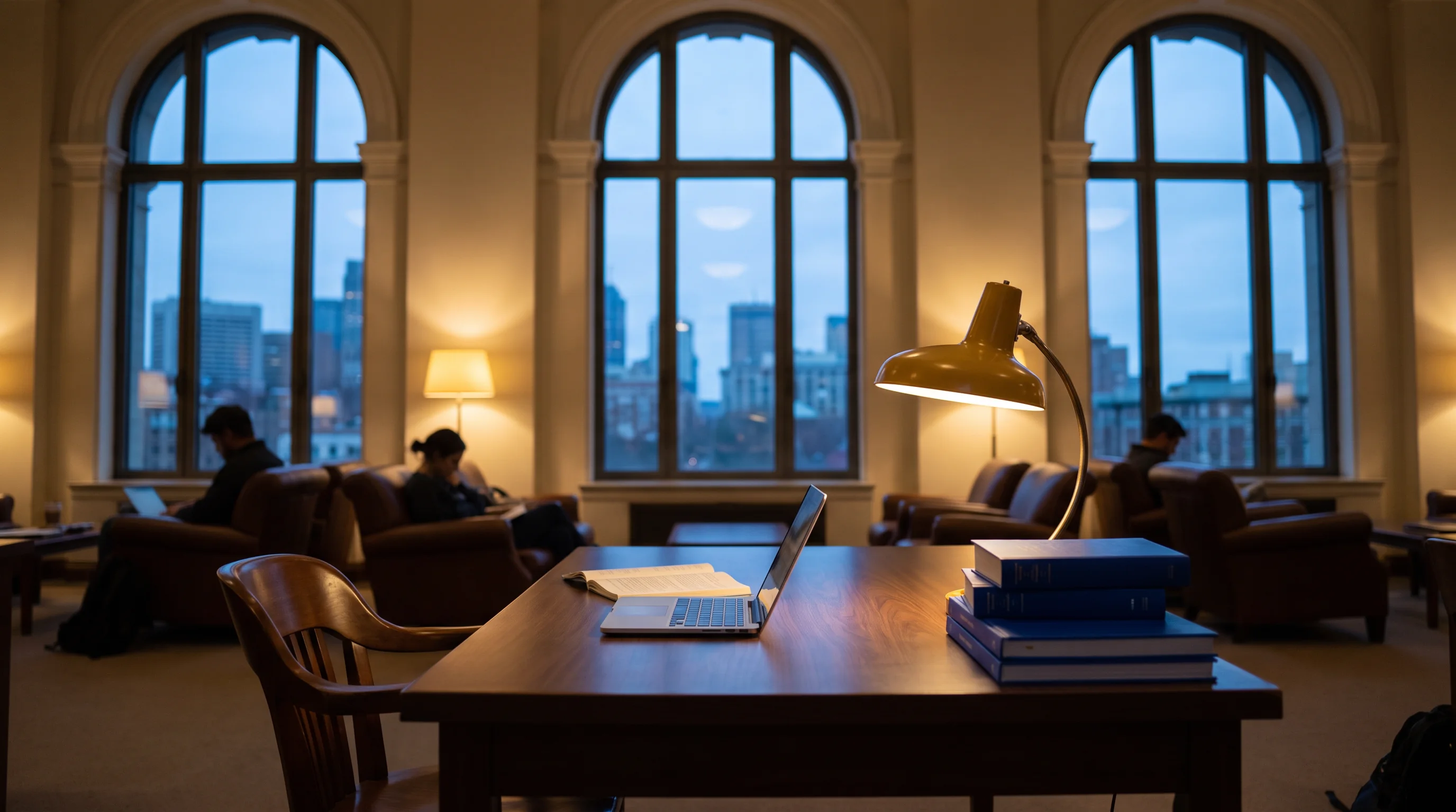 Quiet library room at dusk with reading lamps