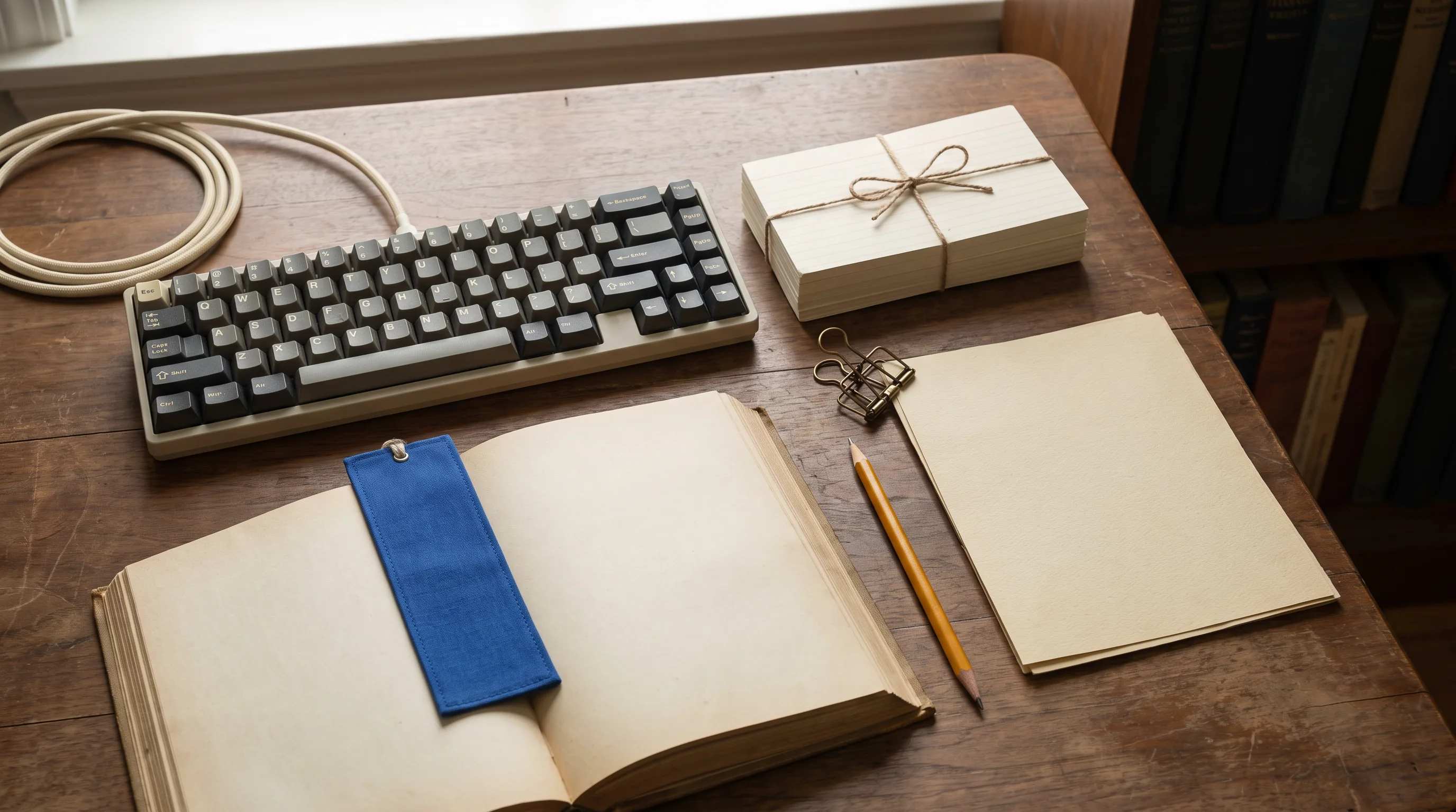 Notebook and keyboard arranged on a library desk