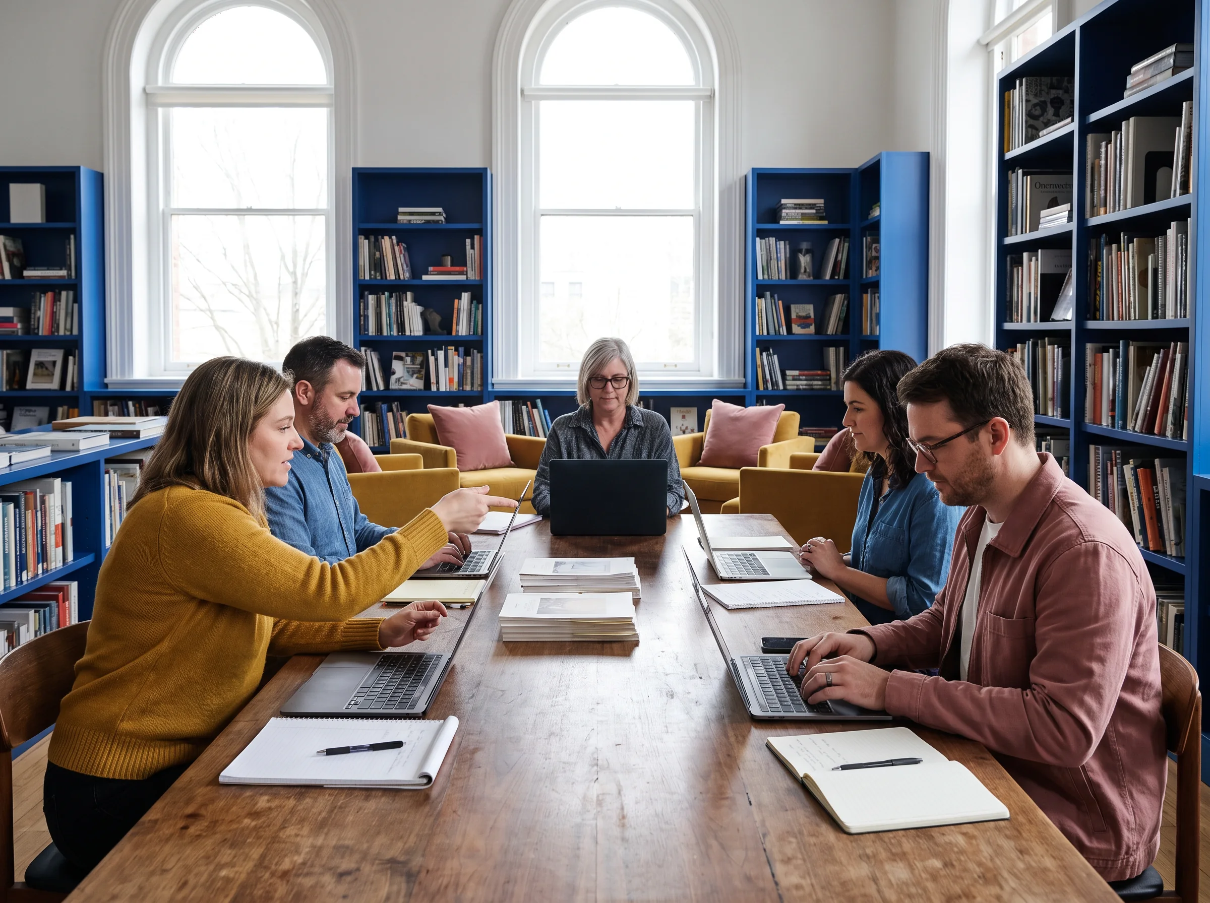 A small group reading and working around a library table