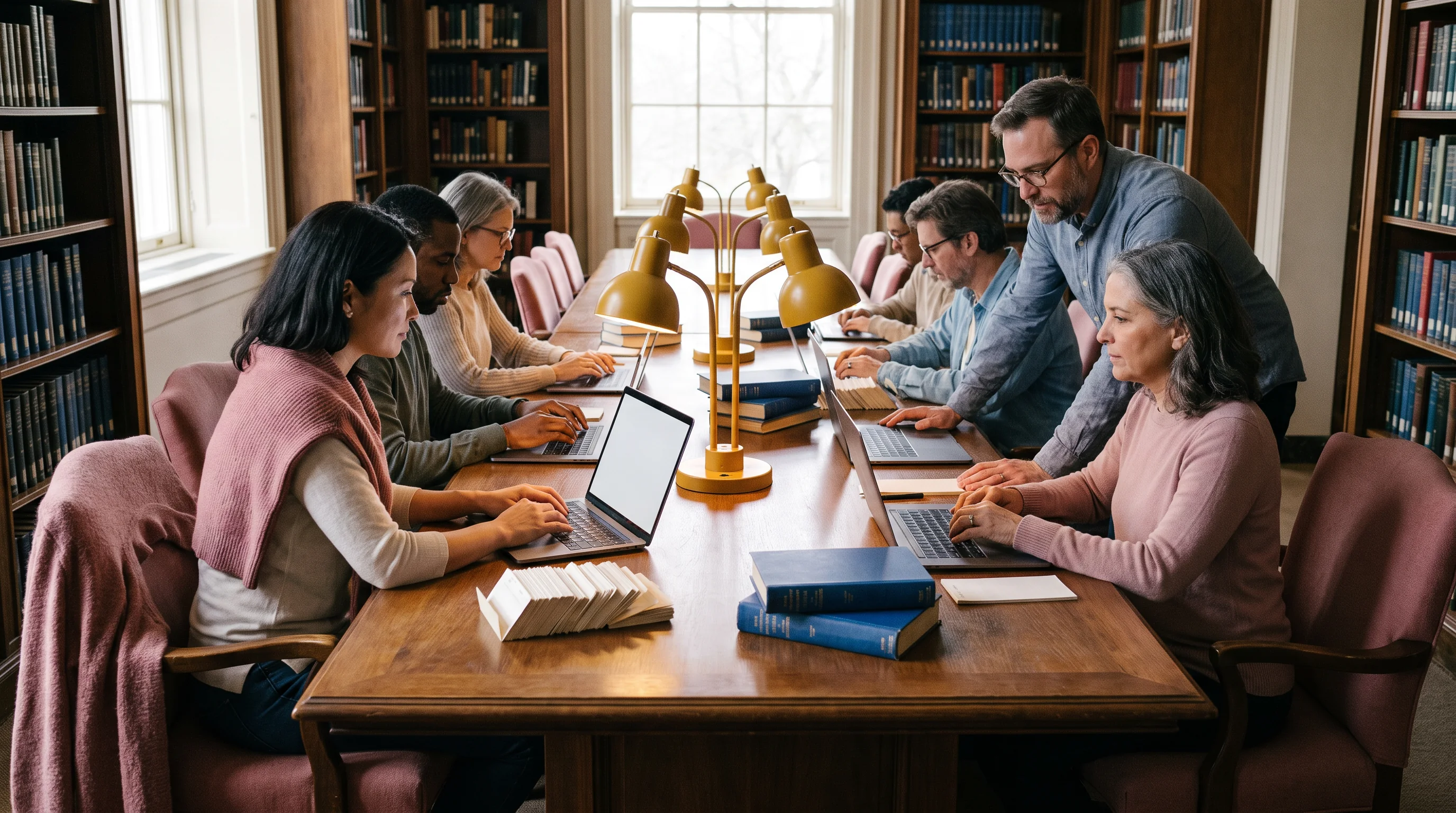 People collaborating quietly at a long library table