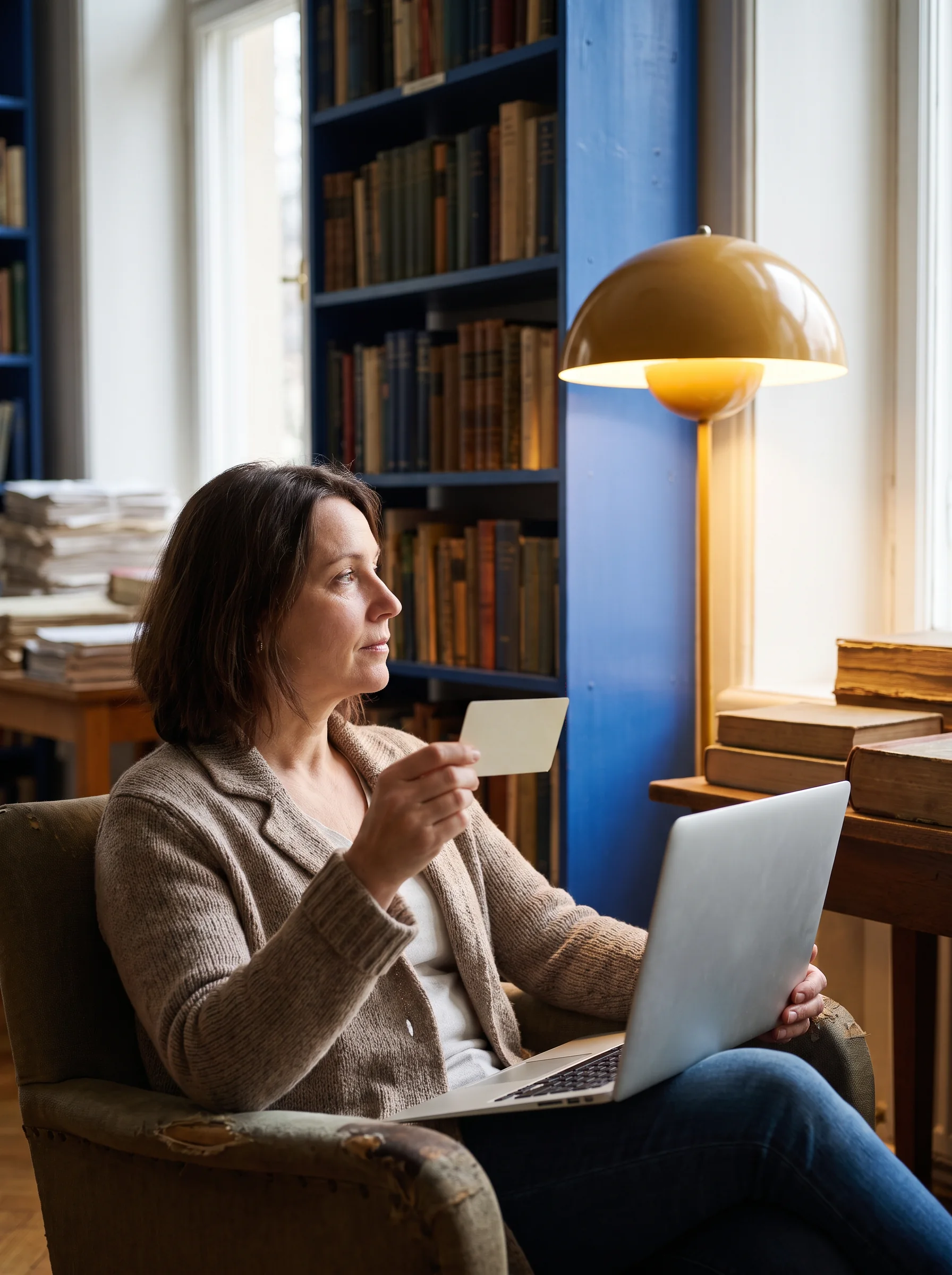 Learner sitting in a library chair with a laptop