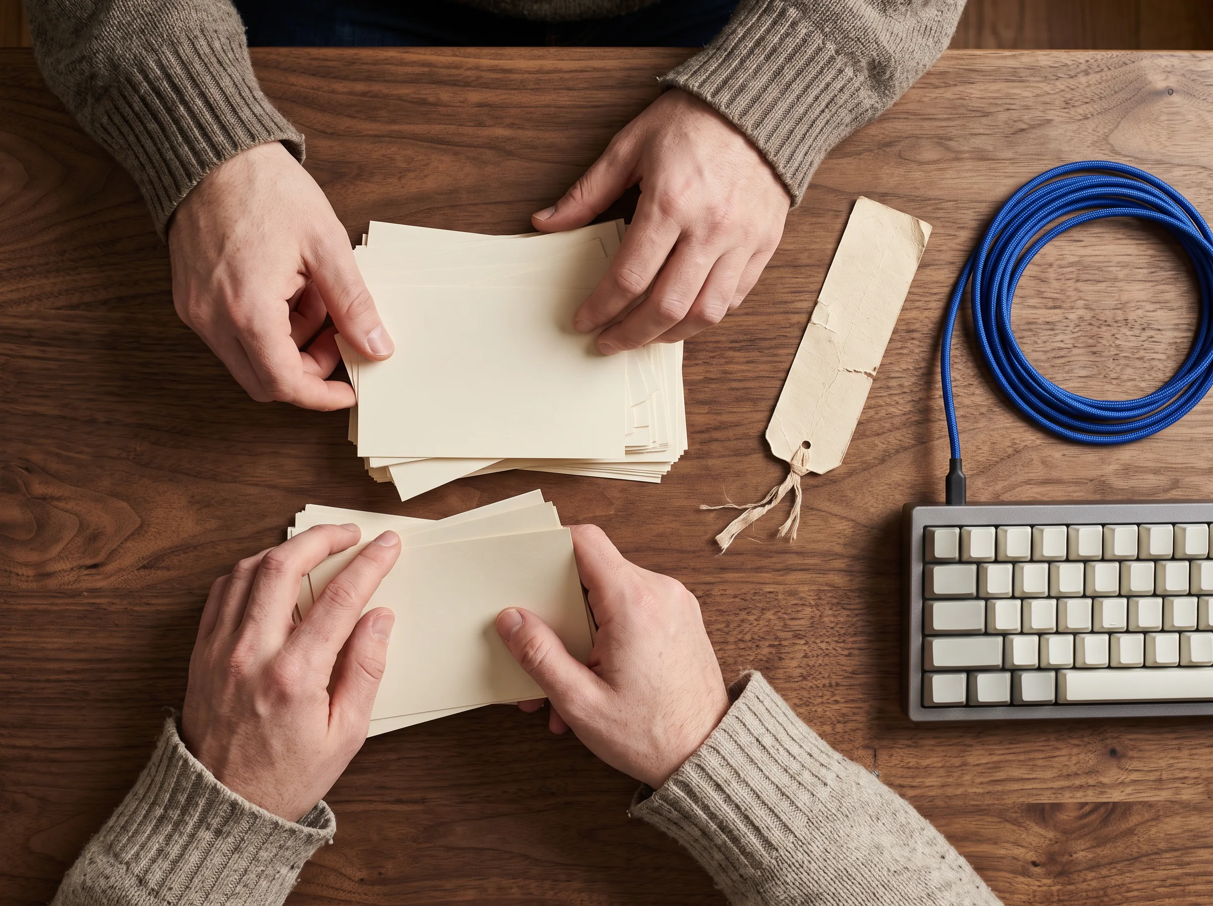 Hands arranging note cards, a blue cable and keyboard on a wooden desk