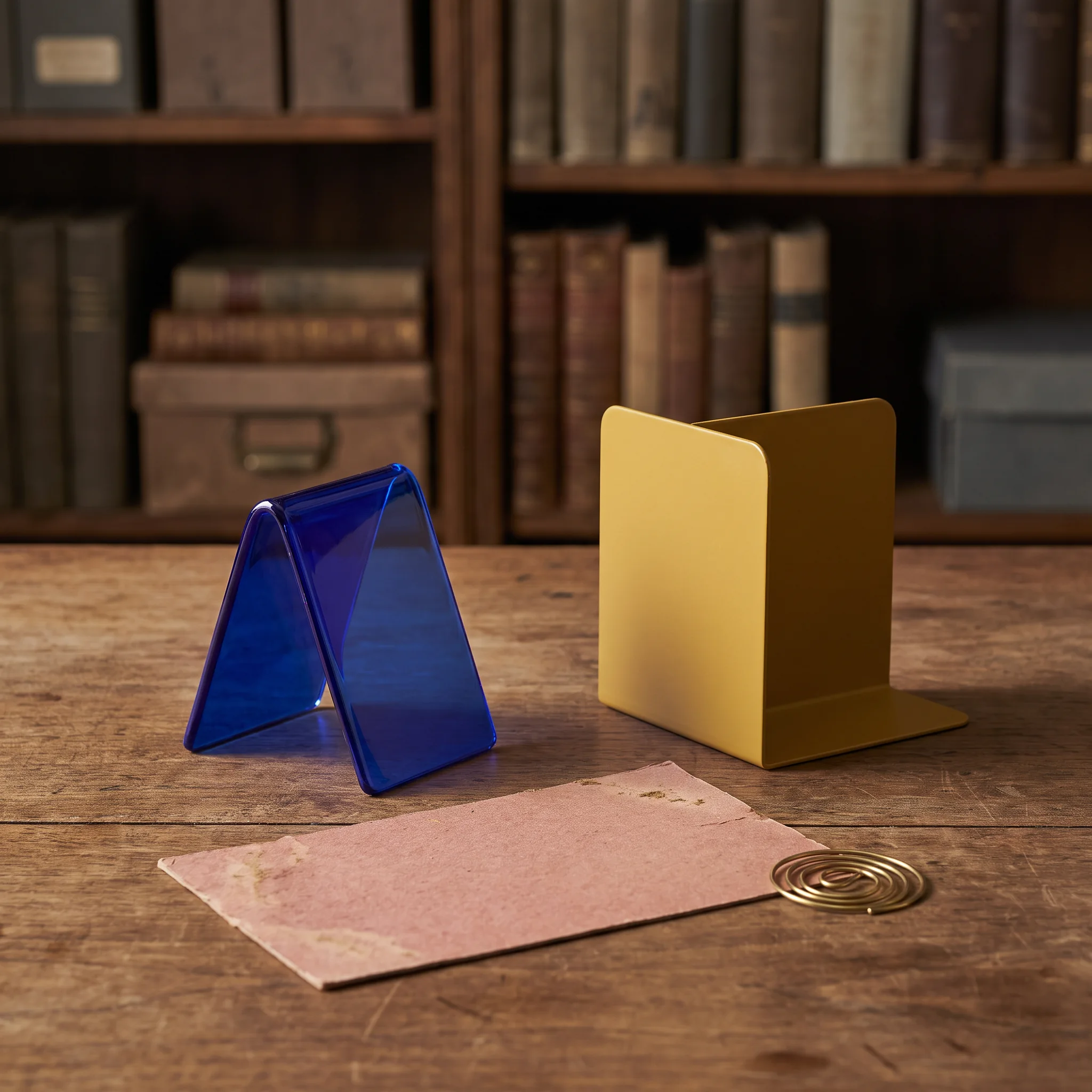 Small geometric objects arranged like bookends in a library